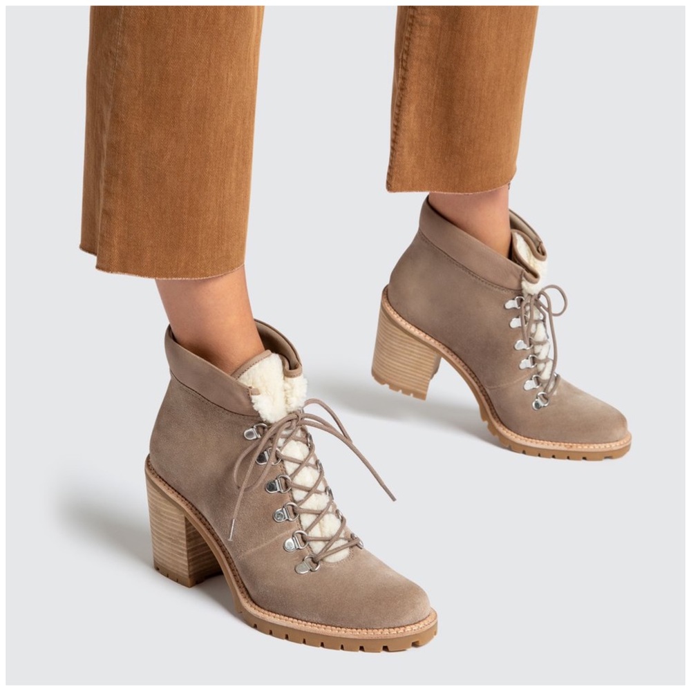 Taupe Genuine Suede Faux Shearling Hiker Boots
